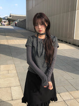 [Muffler Set/Fake Layered] チャドストライプレイヤードショートスリーブニットTシャツセット
