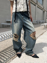 [OOTJ ITEM] ルステッドウィークデストロイドワイドルーズフィットロングデニムパンツ (Denim)