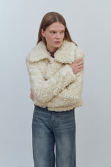HOOK CLOSING UNBALANCE COLLAR FUR SHORT JACKET - IVORY