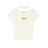 Lace Button Shirring Strap T-Shirt 231330508