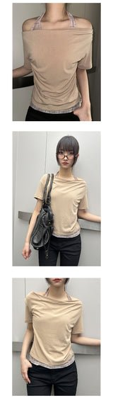 Check Halter Off-Shoulder Semi-Crop T-Shirt