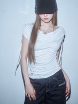 Meow Summer draping shrring Boat neck Top