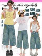 BETWEENAND summer bird illustration collaboration washed denim jeans loose and slimming cropped pants