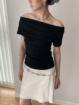 Hand shirring off-shoulder spandex short-sleeved T-shirt