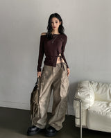 NP Slit Strap Unbalance Shoulder Long Sleeve