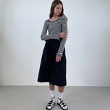 ストライプスクープネックTシャツ_ブラック