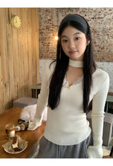 Choker V-neck Lace V-neck Long Sleeve T-shirt
