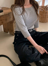 Boat Neck Three Quarter Sleeve T-Shirt (4color)