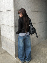 Andy Roll-Up Wide Washing Denim Pants