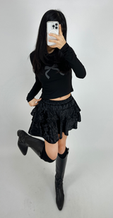 BASIC BOW-DETAIL SEMI-CROPPED STRETCH ROUND U-NECK LONG-SLEEVE TEE
