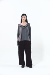 Rose Brooch Frill Long Sleeve Charcoal