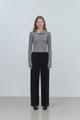 PINTUCK WIDE WOOL SLACKS PANTS - BLACK
