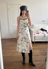 OLIVE PETAL TIE HALTER SLIT DRESS