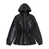 Waist Drawstring Leather Hood Jacket