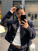 ネイビー ツイード ノーカラー センス ジャケット