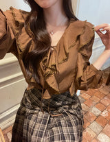 Shushu V-Neck Lace Ruffle Blouse