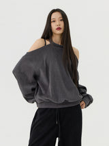カットアウトホルターネックスウェットロングTシャツ, チャコール