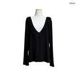 (3color) Ruffle Deep V-neck Slim Long Sleeve Tee