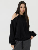 カットアウトホルターネックスウェットロングTシャツ, ブラック