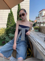 Stripe wrap strap sleeveless tube top