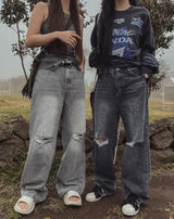 [U-DENIM] Summer ripped jeans wide denim pants
