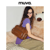 muva. Oil‑Wax Leather Retro Bowling Bag, Autumn Large‑Capacity Multi‑Pocket Genuine‑Leather Shoulder Bag for Women, New Arrival Sep 3