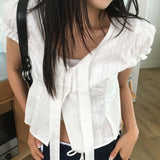 ウィッシュVネックストラップパフショルダースリムフィット半袖ブラウス (2 colors)