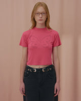 テキストバタフライクロップTシャツ-PINK