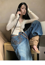 Pocket Embroidery Straight Long Denim Pants