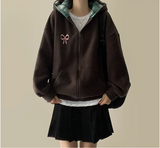 Check lining ribbon fleece hooded zip-up
