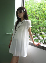 Selly Button Round Collar Puff Sleeve Frill One Piece