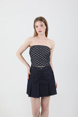 Denim Ribbon Crop Top Dark Blue