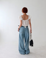 Light blue polka dots and wide pants