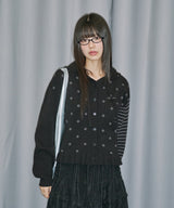 Dot Frill Jacquard Knit Cardigan - BLACK