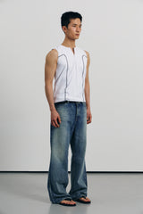 Curved half zip up sleeveless(White)