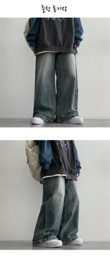 [3-tier length] [S–3XL]イートンウォッシングサイドスナップワイドデニムパンツ (4 colors)