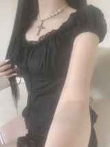 Yuka lace flare black blouse