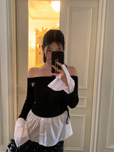 シューズレイヤードシャツオフショルダーロングスリーブTシャツ