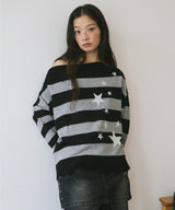 DAMAGED STAR STRIPE OFF SHOULDER KNIT BLACK(CV2GFFK620A)
