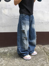 Wavy Cat Washed Distressed Denim Pants