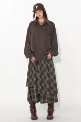 Asymmetrical drawstring patchwork plaid versatile and playful midi skirt