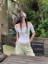 フラワーツーピースオフショルダーボタンショートスリーブTシャツ