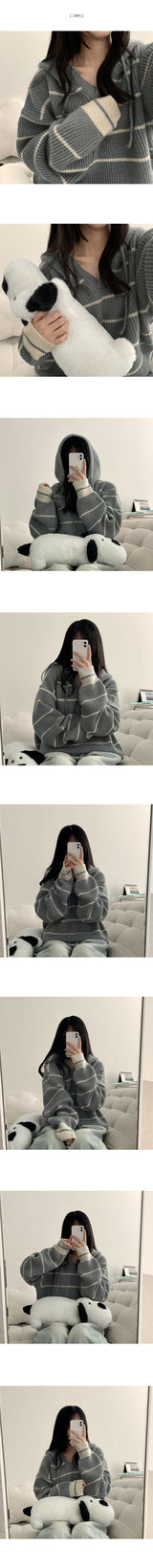 Foaming Stripe Dangara Boxy Fit Knit Hooded