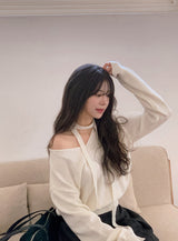 BR Crop V-neck Long Sleeve Knit + Tie Set (8color)