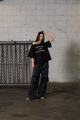 Dirty Washed Wide Cargo Denim Pants - Black