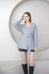 Offshoulder Wrap Strap Cardigan Gray