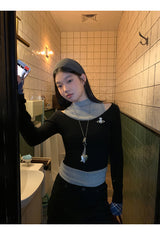 リップネックレイヤードロングスリーブチェックTシャツ