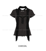 [Scarf SET] Mocha Lace Ribbed Short Sleeve Set