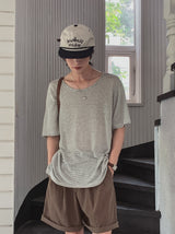 ボニーリネンストライプUネック半袖Tシャツ