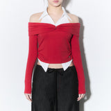 (3rd reorder) shirts layered off shoulder top - red